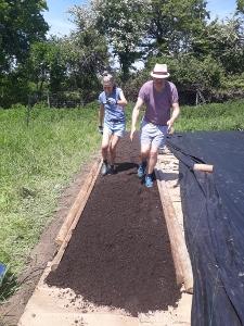 volunteers laying down cardboard and mulch