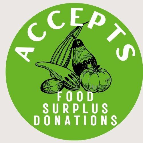 round green badge with picture of vegetables 'Accepts food surplus donations'