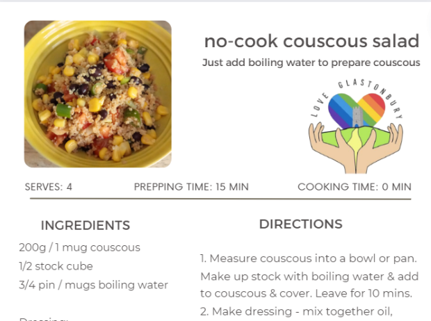 Section of recipe card for no cook couscous salad