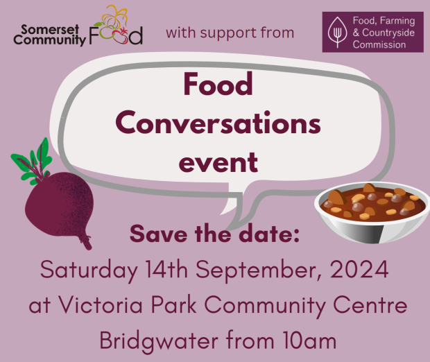 Purple food conversations 'save the date' flyer with image of beetroot