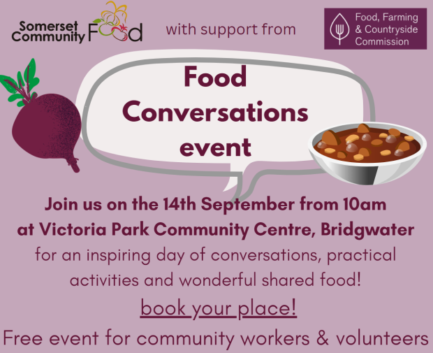 Food conversations event flyer with beetroot and bowl of soup images