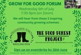 green forum flyer showing project logos of transition town wellington and food forest project logos