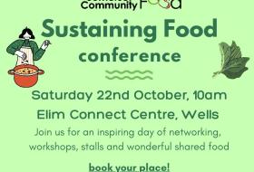 Food conference flier with event details and image of person cooklng soup and green leafy veg
