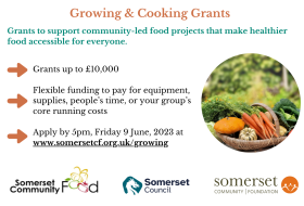 Growing and cooking grants flyer with photo of a basket of veg