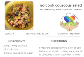 Section of recipe card for no cook couscous salad