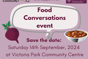 Purple food conversations 'save the date' flyer with image of beetroot