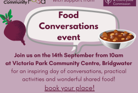 Food conversations event flyer with beetroot and bowl of soup images